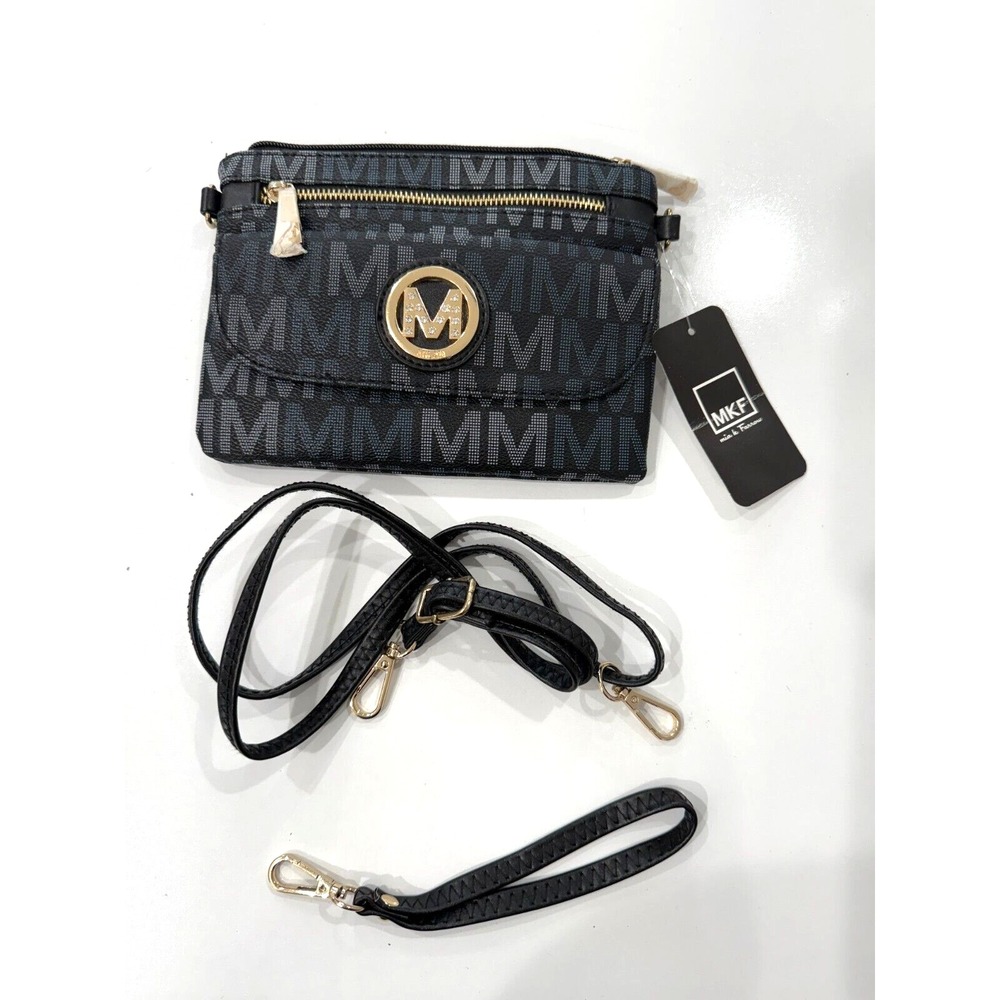 MFK Mia K Farrow Black blue Crossbody or Wristlet Purse NEW NWT